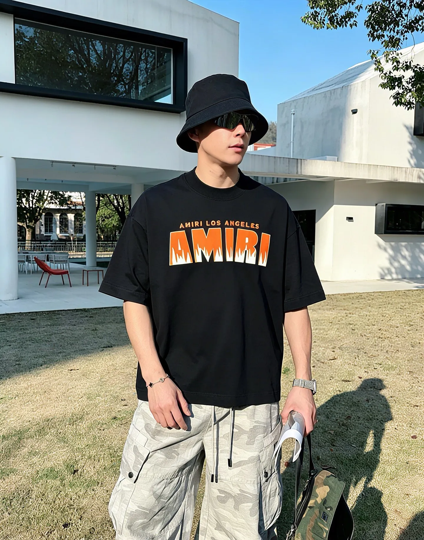ami~ Flocking thick plate with glue letters, "Difference Currency Fabric" Double yarn pure cotton, tight yarn, the upper body is very comfortable, Same Style half sleeves for men and women, dropped shoulders and loose version Color: Black White Coffee Brown Size: S (90-130 pounds) M (125-150 pounds) L (135-165 pounds) XL (160-190 pounds) XXL (185-220 pounds)
